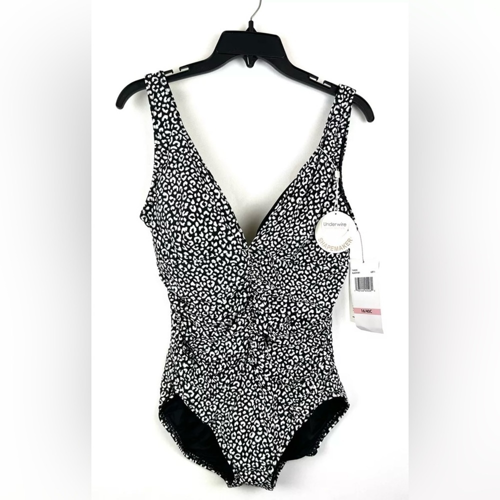 Coco Reef Womens Villa Cheetah Solitaire Vneck One Piece Swimsuit Black 16/40C
